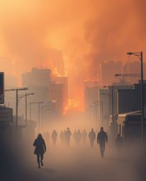 A visually striking scene depicting a city consumed by flames, juxtaposed with a dreamy and serene atmosphere as people are r