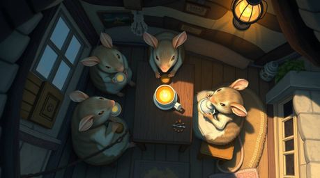 Delightful overhead illustration showcasing anthropomorphic mice enjoying a tea party in a cozy cottage.  The image features 