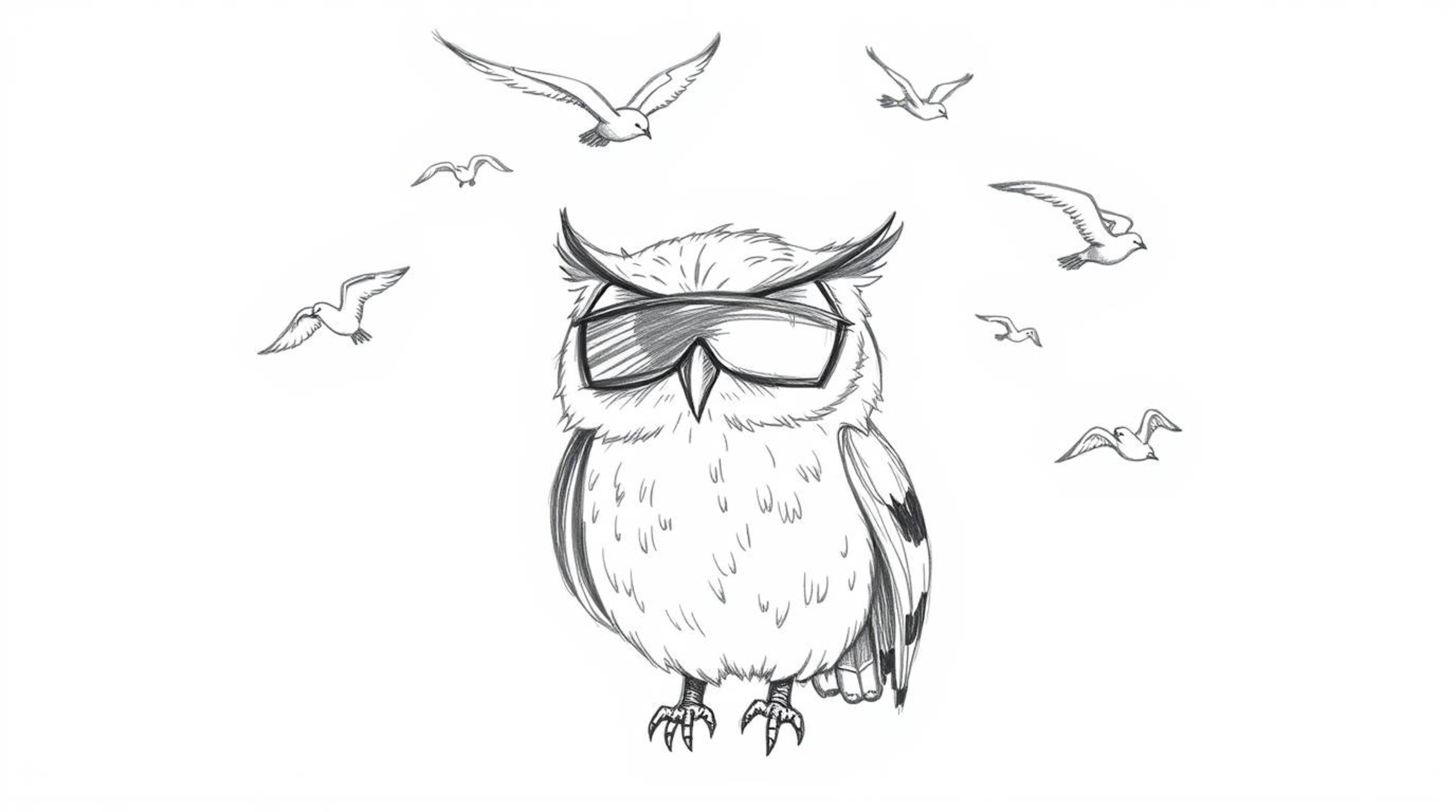 A heartwarming hand-drawn sketch in Pixar style depicts a blind owl guiding birds in flight. Emphasizing rough lines and text