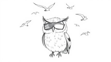 A heartwarming hand-drawn sketch in Pixar style depicts a blind owl guiding birds in flight. Emphasizing rough lines and text