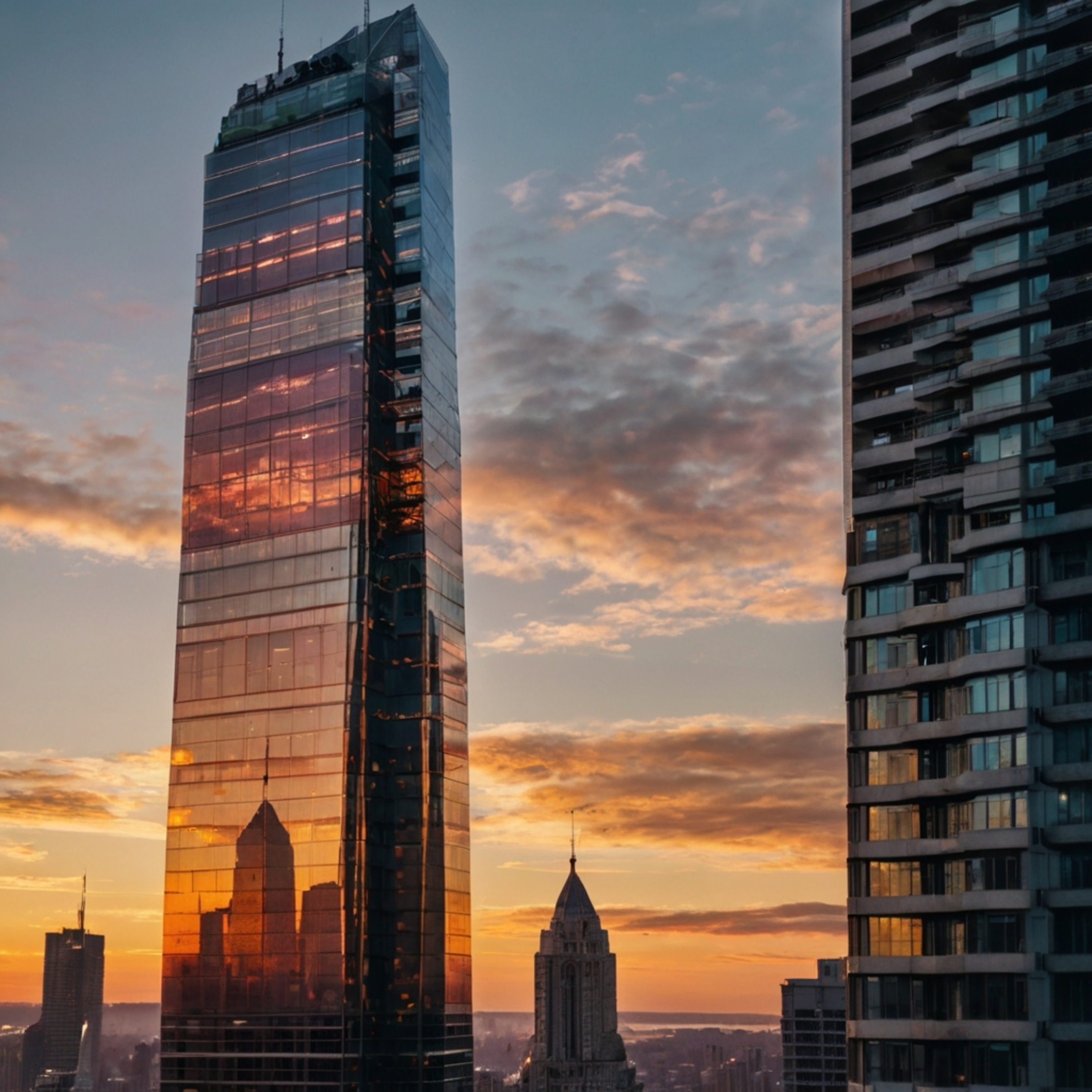 Witness the breathtaking spectacle of a glass skyscraper mirroring the fiery hues of the sunset. Below, a vibrant city street