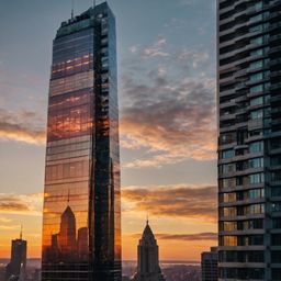 Witness the breathtaking spectacle of a glass skyscraper mirroring the fiery hues of the sunset. Below, a vibrant city street