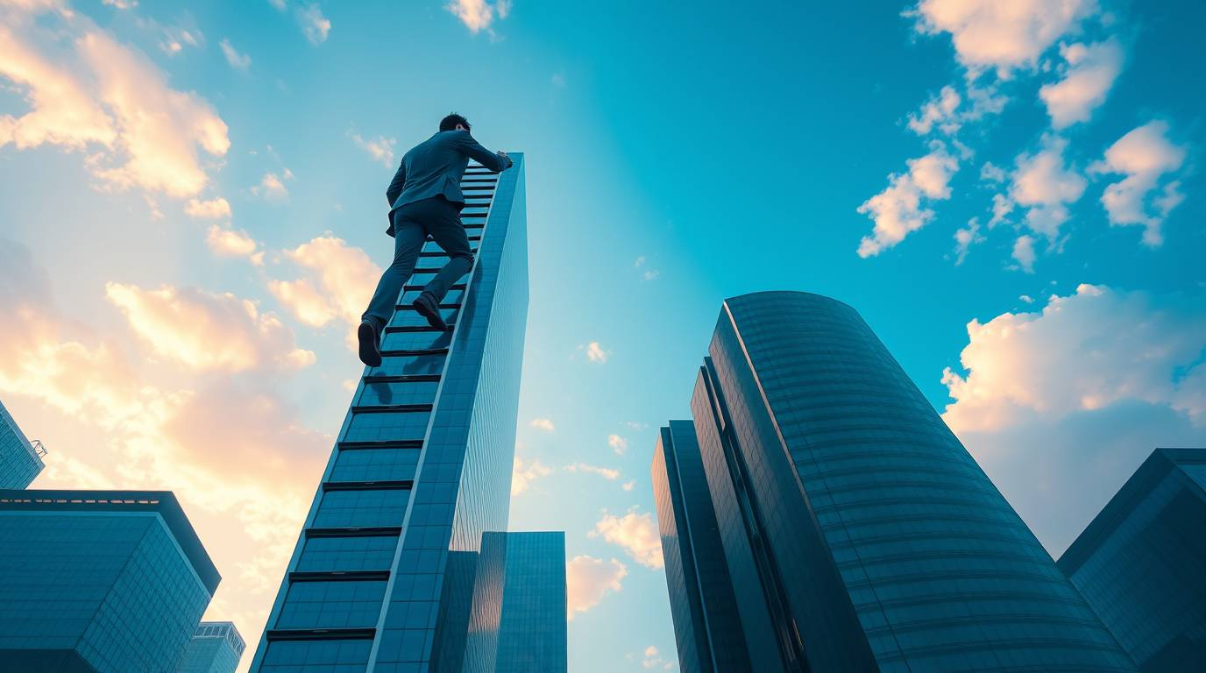 Explore a modern and futuristic scene where a businessperson ascends a transparent ladder into a vast blue sky above towering