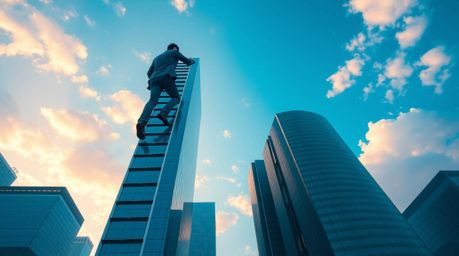 Explore a modern and futuristic scene where a businessperson ascends a transparent ladder into a vast blue sky above towering