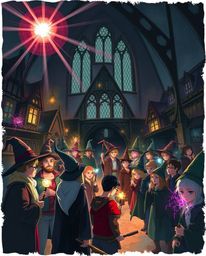 A captivating illustration depicts a magical school brimming with young wizards. The artwork features a moody style with bri