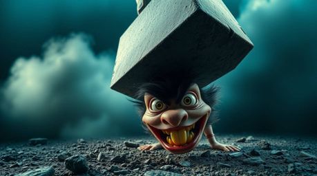 A high-resolution stock photo showcasing a massive anvil plummeting towards a wide-eyed, mischievous trickster with exaggerat