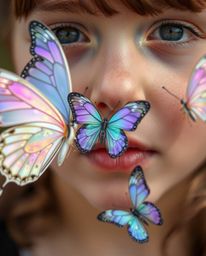 A captivating close-up shot depicts a girl with delicate features gently releasing a flock of iridescent butterflies.  The sh