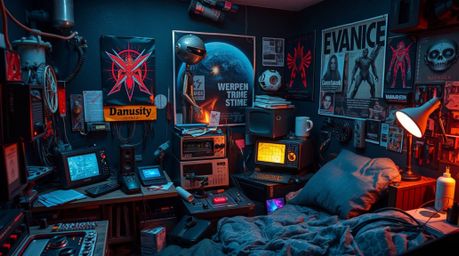 Discover a captivating image of a messy yet futuristic bedroom, brimming with weird gadgets, sci-fi posters, and advanced tec