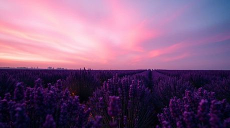 Experience the serene beauty of lavender fields bathed in the soft glow of a dreamy pink sky.  This scene is further enhanced