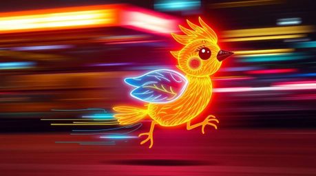 An abstract and vibrant electric-colored light art piece showcases a fast-running bird zooming past traffic, created with art