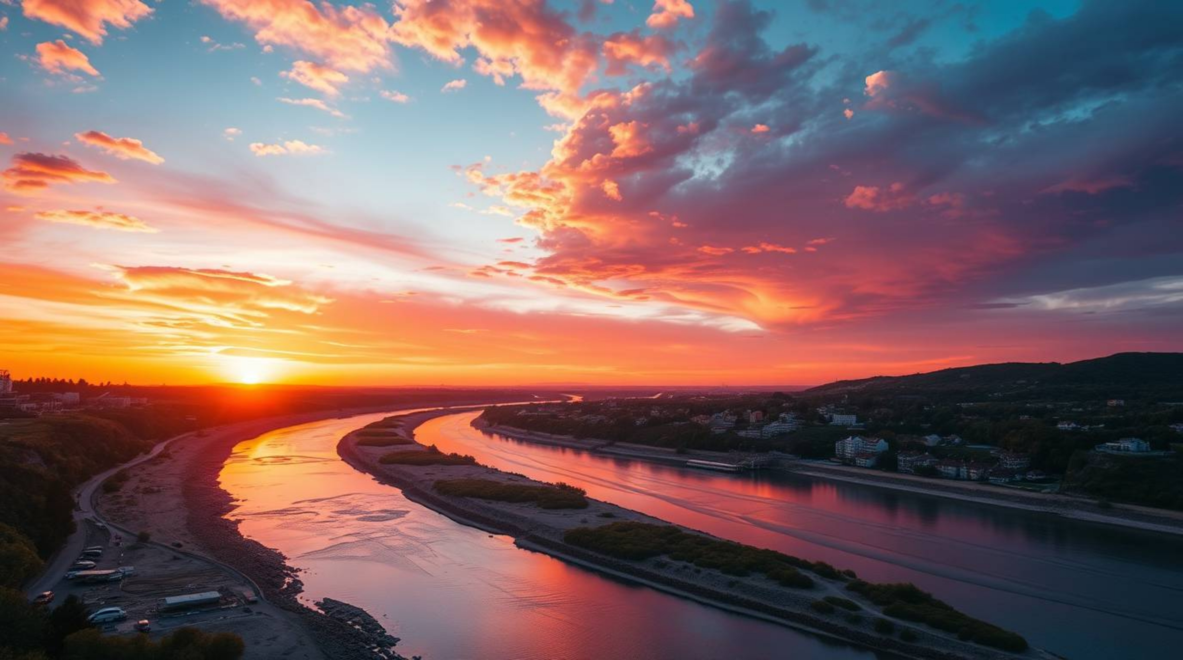 High-resolution stock photography showcasing a winding river brilliantly illuminated beneath a dramatic orange-pink sky. The 