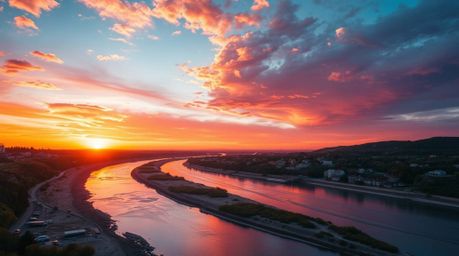 High-resolution stock photography showcasing a winding river brilliantly illuminated beneath a dramatic orange-pink sky. The 