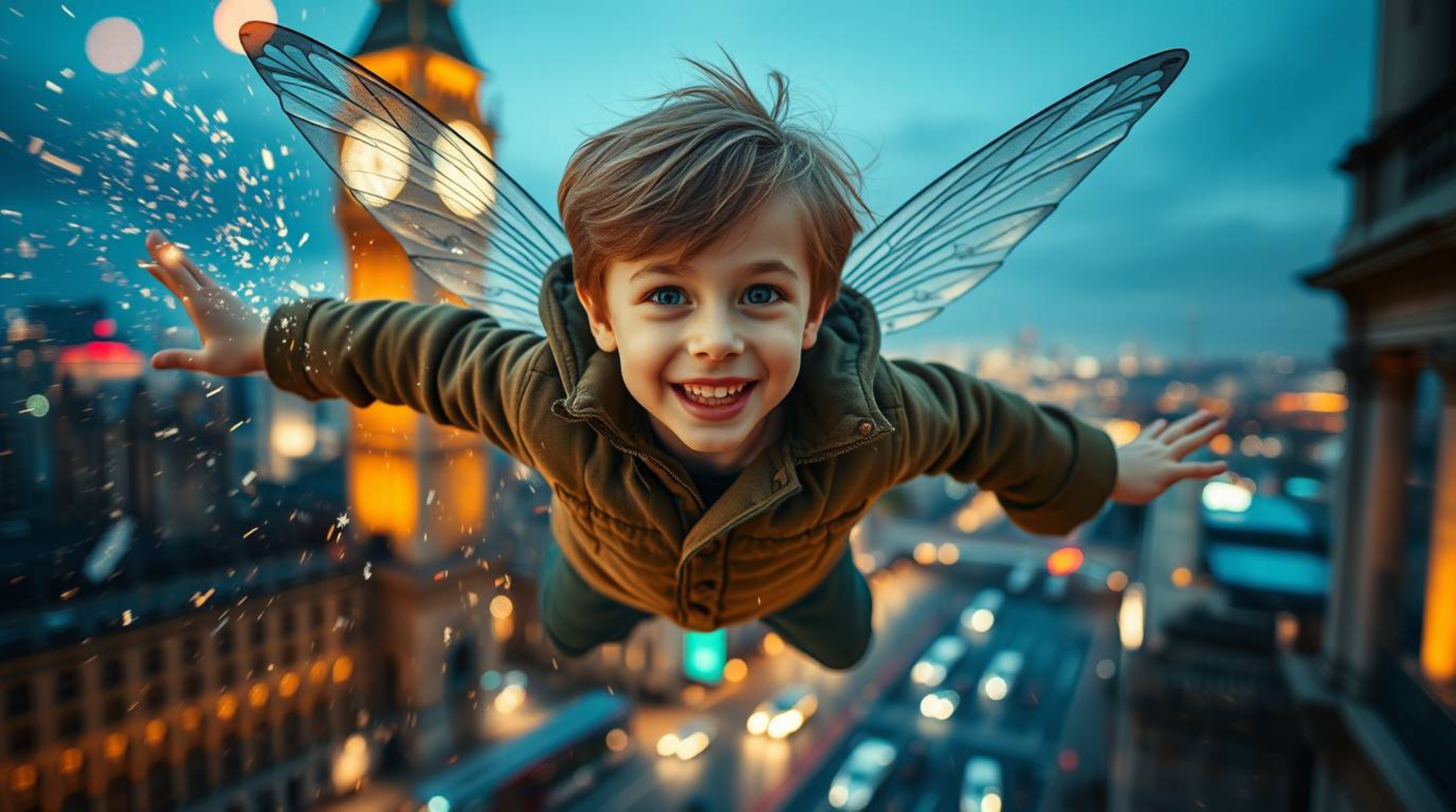A captivating high-resolution macro photograph depicts a young boy soaring above London, propelled by shimmering pixie dust. 