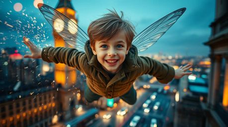 A captivating high-resolution macro photograph depicts a young boy soaring above London, propelled by shimmering pixie dust. 