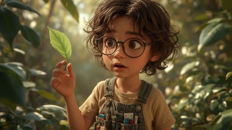 A highly detailed, high-resolution stock photo depicts a young, bespectacled homeschooled genius in a vibrant, stylized Pixar