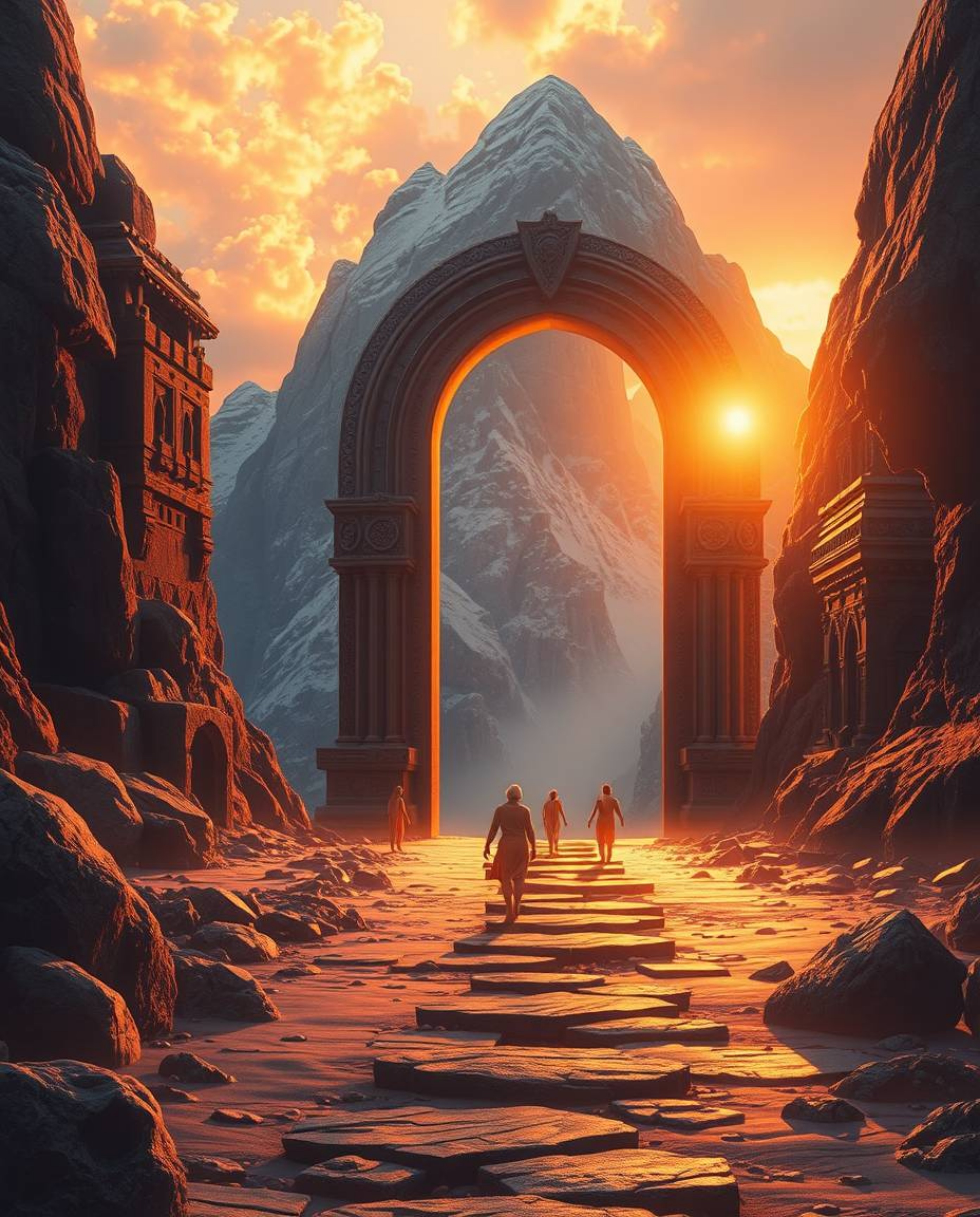 An ancient doorway adorned with glowing runes is nestled within the side of a mountain, emanating a warm golden glow. The sce