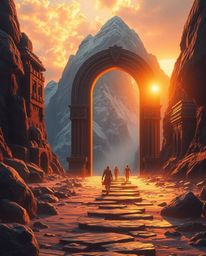An ancient doorway adorned with glowing runes is nestled within the side of a mountain, emanating a warm golden glow. The sce