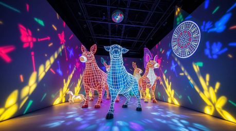 A vibrant architectural photograph showcases a creative light art installation depicting an animal dance party.  Disco lights