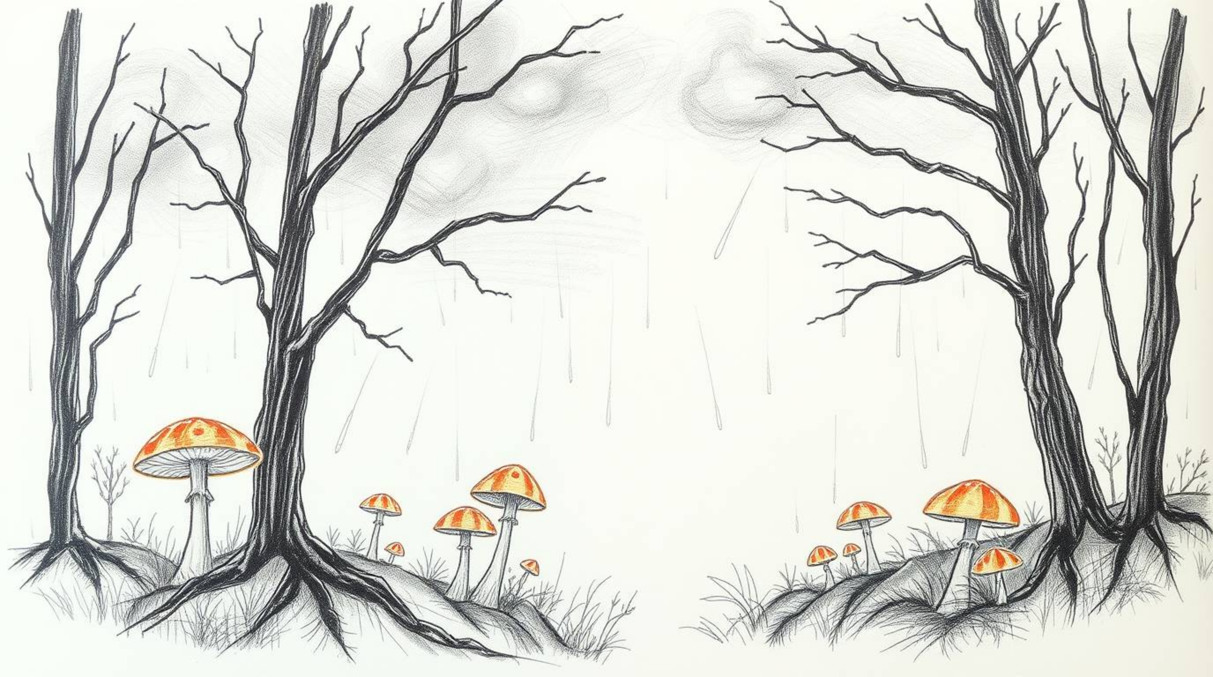 A captivating hand-drawn sketch depicting a vintage-style enchanted forest. Glowing mushrooms illuminate the scene under a d