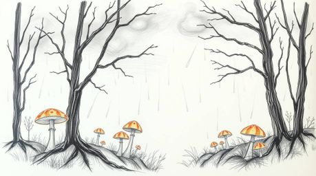 A captivating hand-drawn sketch depicting a vintage-style enchanted forest.  Glowing mushrooms illuminate the scene under a d