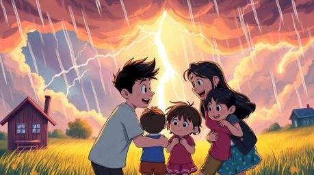 Experience a heartfelt family reunion depicted in a vibrant Pixar-style illustration set against an intense and dramatic stor