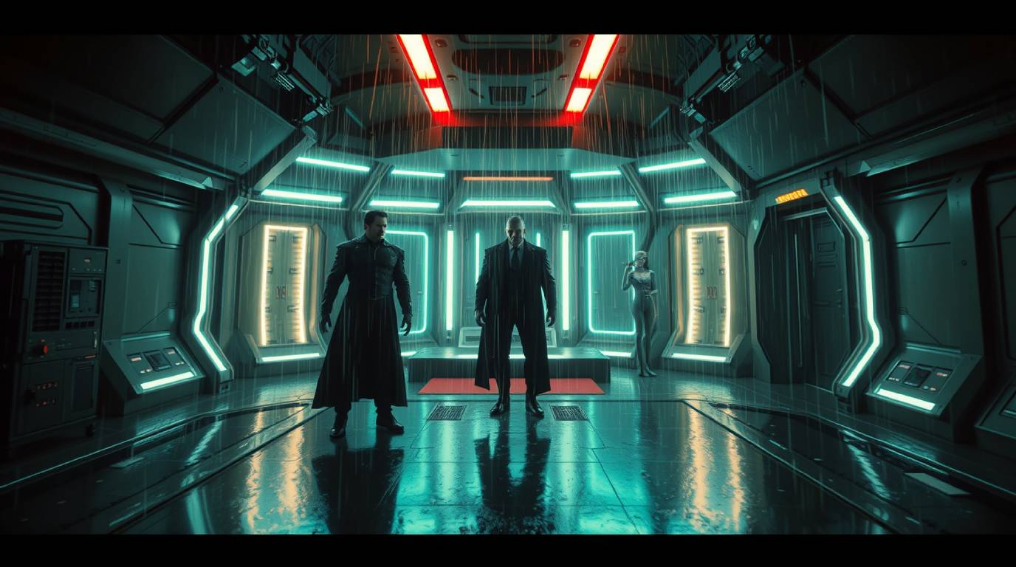 Witness a hilarious overhead perspective of a villain's comedic meltdown within a sleek, high-tech lair during a wet, drizzli
