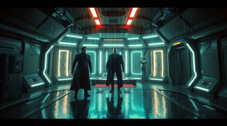 Witness a hilarious overhead perspective of a villain's comedic meltdown within a sleek, high-tech lair during a wet, drizzli