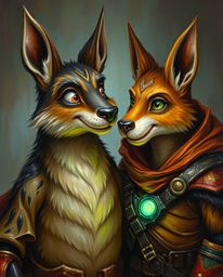This artwork features a classic oil painting depicting a hero accompanied by a talking animal sidekick on an epic journey.  T
