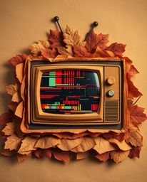 This artwork features a layered papier-mâché composition in warm autumn hues, evoking a retro-style TV screen with glitch sta