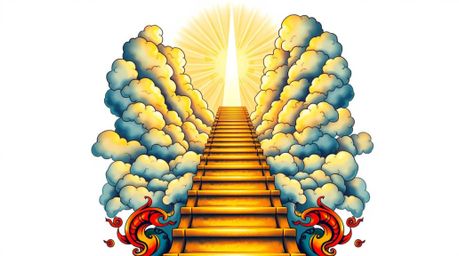Discover stunning tattoo art featuring a golden staircase ascending to a glowing heaven. This vibrant, retro-style design inc
