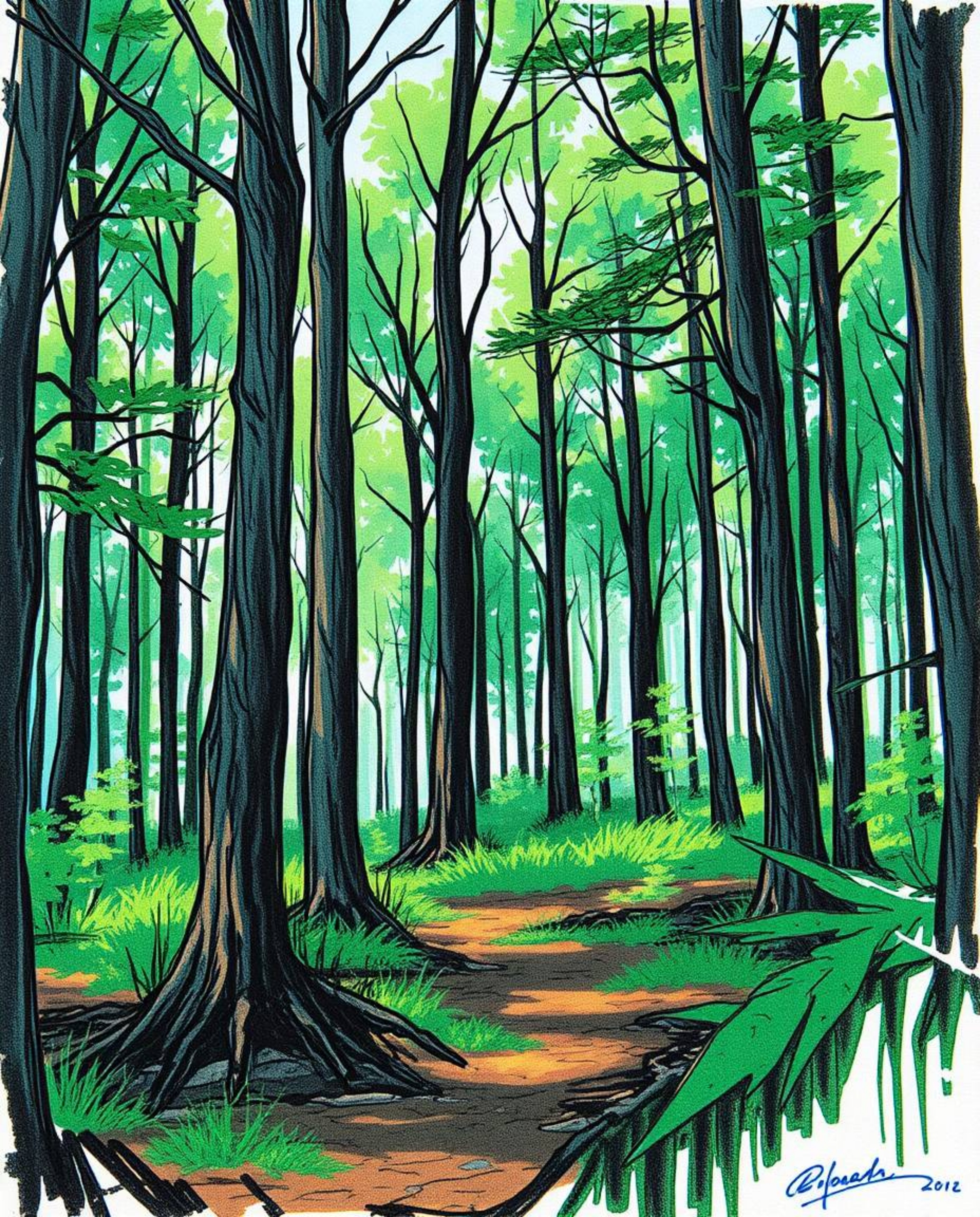 A tight close-up, hand-drawn color sketchnote featuring a captivating digital glitch effect layered over a serene forest scen