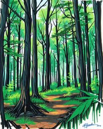 A tight close-up, hand-drawn color sketchnote featuring a captivating digital glitch effect layered over a serene forest scen