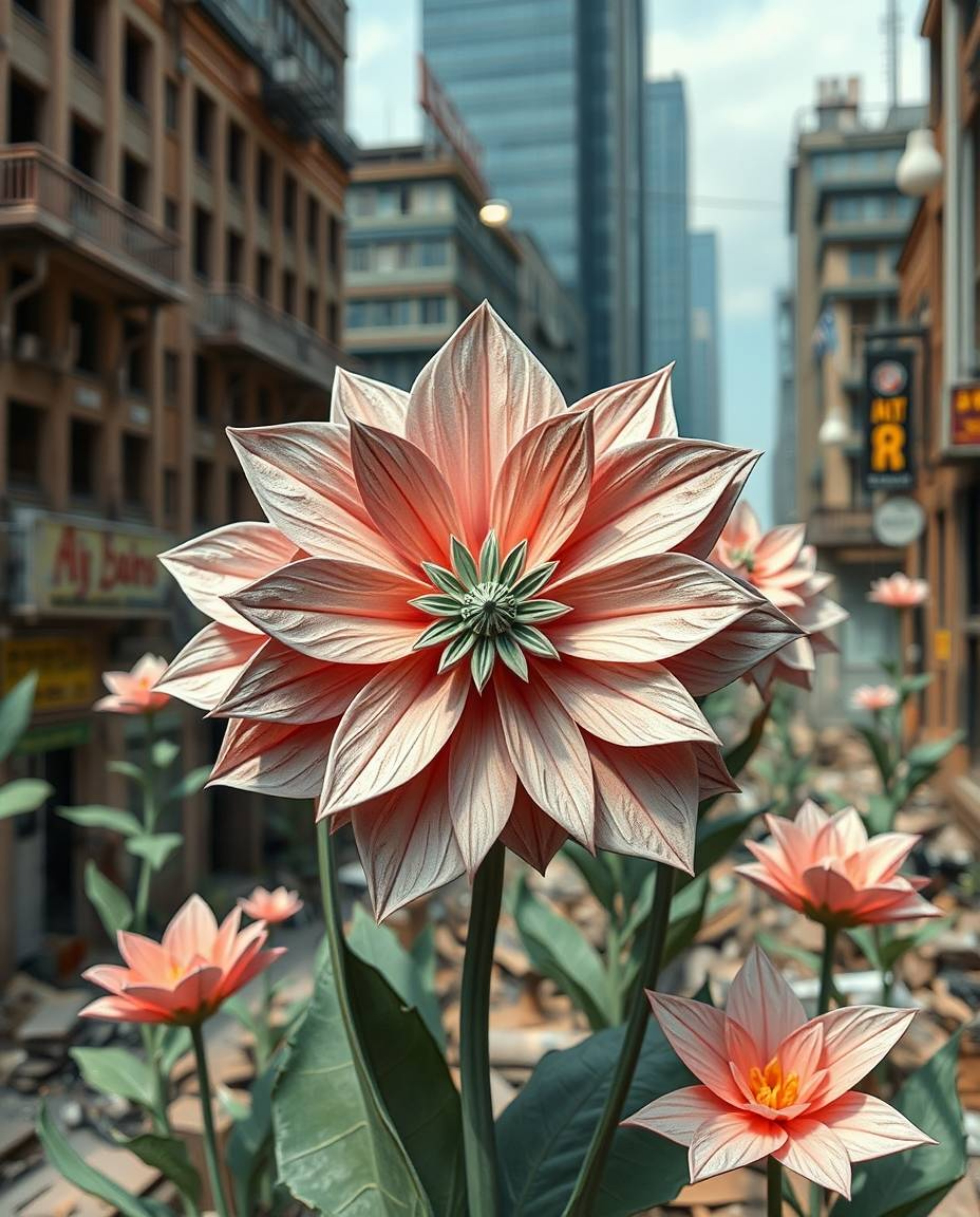 Explore the surreal beauty of intricate origami-style flowers juxtaposed against the harsh backdrop of a post-apocalyptic cit