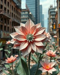 Explore the surreal beauty of intricate origami-style flowers juxtaposed against the harsh backdrop of a post-apocalyptic cit