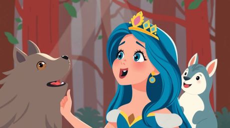 This vibrant modern flat design illustration showcases a princess with striking blue hair and bright eyes, captivating a fore