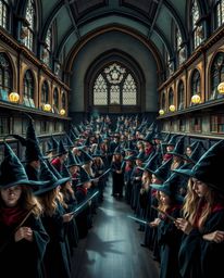 Explore a magical school teeming with young wizards, presented in a distinctly split composition showcasing bold sections and
