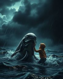 A captivating cinematic image portrays an unlikely friendship blossoming between a child and a sea creature amidst an intense