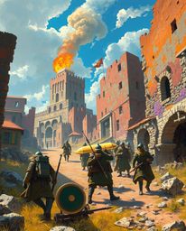 Experience a visually stunning time-warped battlefield where bright, vibrant colors illuminate crumbling buildings and energe