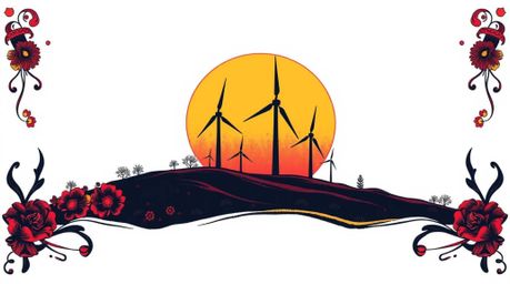 This art print showcases a traditional tattoo-style design featuring a captivating sunset backdrop behind a row of wind turbi