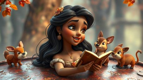 A graceful princess with olive skin sings to enchanted forest animals in this vintage 2D animation. The artwork is cast on a