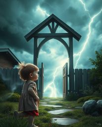 A charming child with adorable features stumbles upon a magical portal hidden in their backyard. Intense dramatic weather, fe