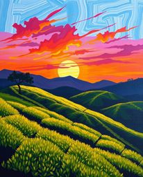 A bold acrylic painting of a graceful and elegant sunset over terraced tea plantations. The artwork features vibrant oranges,