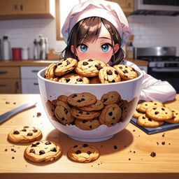 Indulge in the simple pleasure of a bowl of homemade chocolate chip cookies, perfectly placed on a rustic wooden kitchen coun