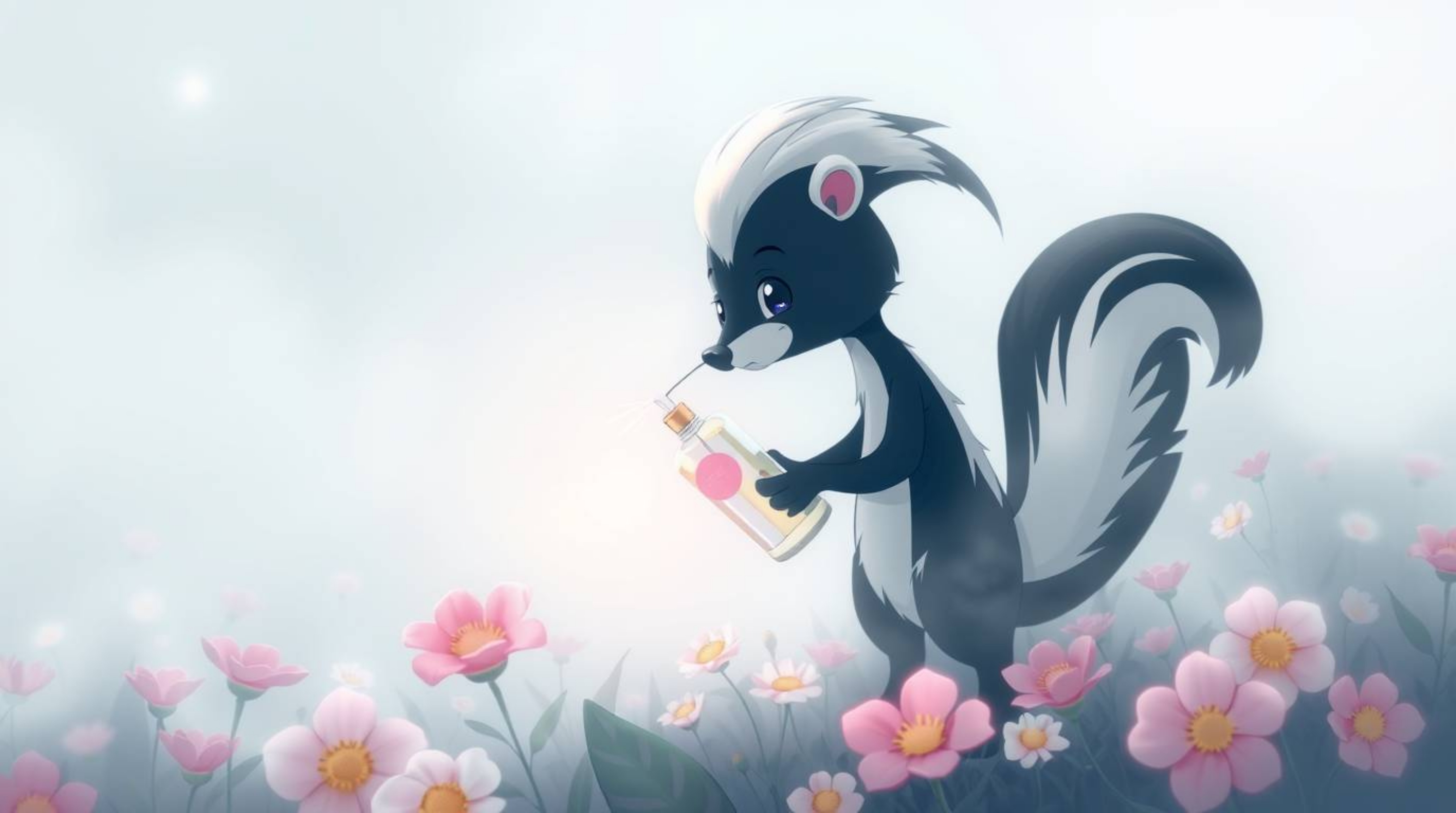 A cartoon skunk playfully sprays perfume on flowers enveloped in a thick fog, creating an ethereal and spiritual ambiance. Th