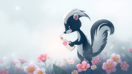A cartoon skunk playfully sprays perfume on flowers enveloped in a thick fog, creating an ethereal and spiritual ambiance. Th