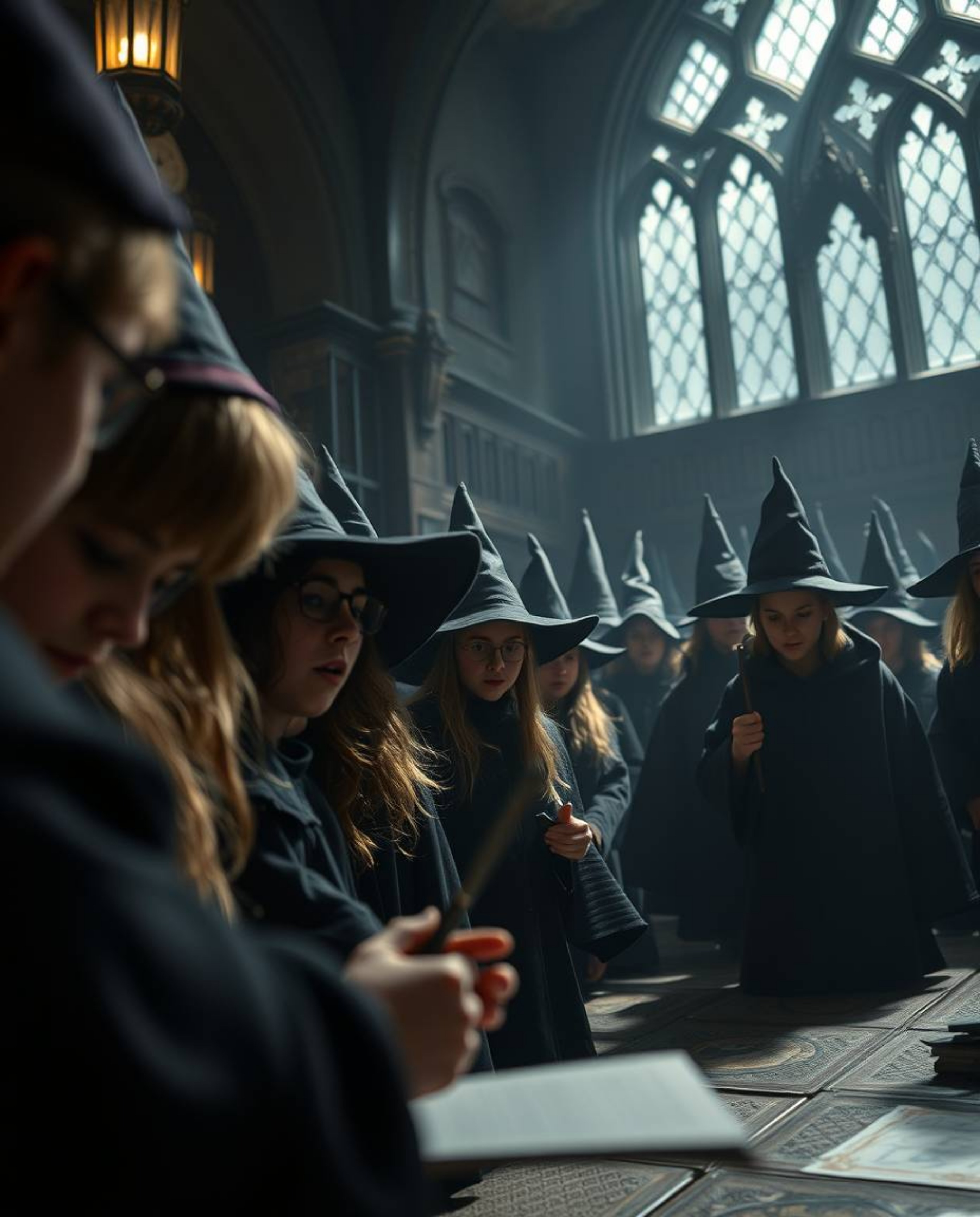 A captivating close-up view of a magical school teeming with young wizards. The scene is brought to life with high contrast,