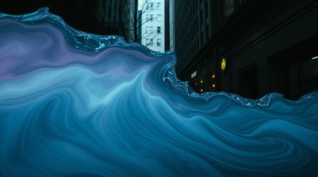 A captivating street photograph showcases a fluid, abstract wave with a pastel gradient texture.  Rendered in an eerie, creep