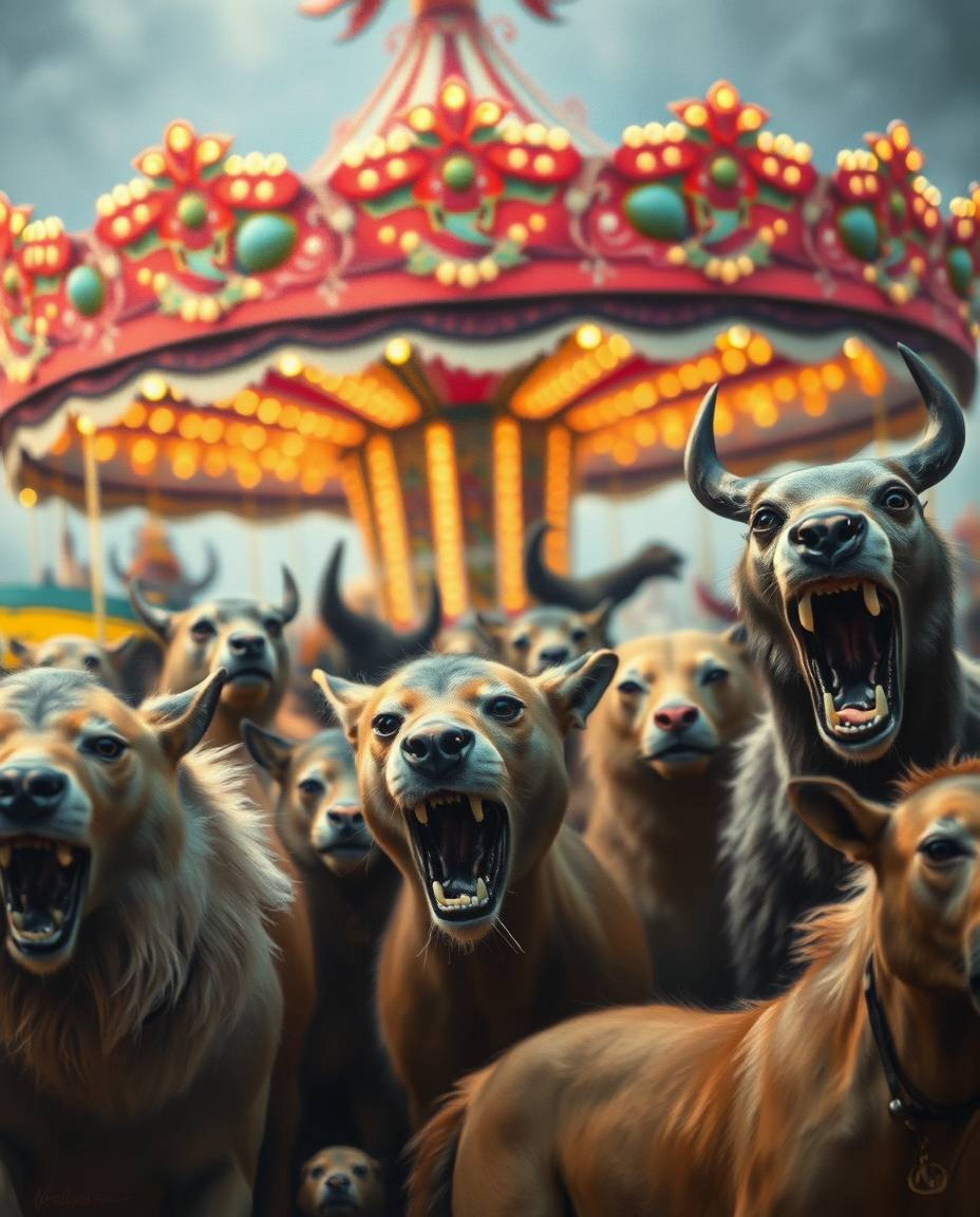 A stunning oil painting depicts a classic carnival scene unexpectedly overrun by wild animals. The artwork masterfully utiliz
