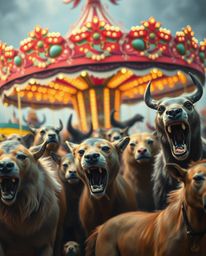 A stunning oil painting depicts a classic carnival scene unexpectedly overrun by wild animals. The artwork masterfully utiliz
