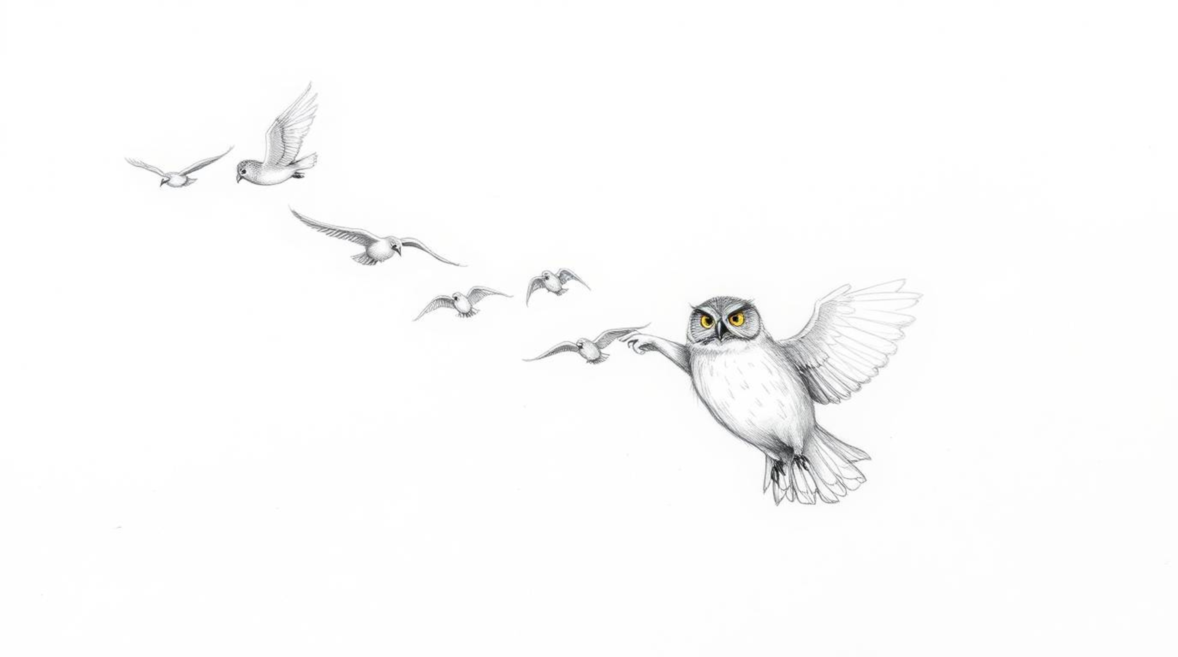 A textured pencil sketch, reminiscent of Pixar, depicts a blind owl guiding a flock of birds in a synchronized and harmonious